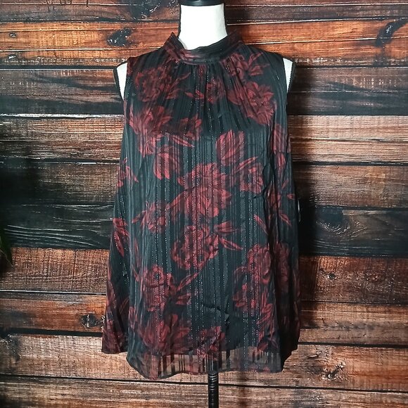 NWT White House Black Market Black and Red Floral Top with Metallic Accents XL - Picture 2 of 11